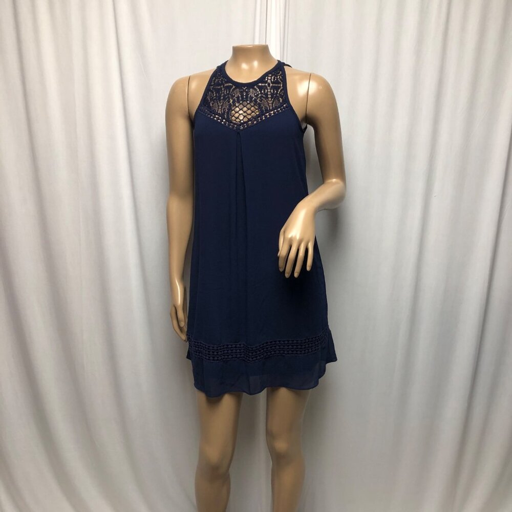 IZ Byer Dress Womens Size XS Navy Lace Sleeveless Lined Keyhole Back Mini